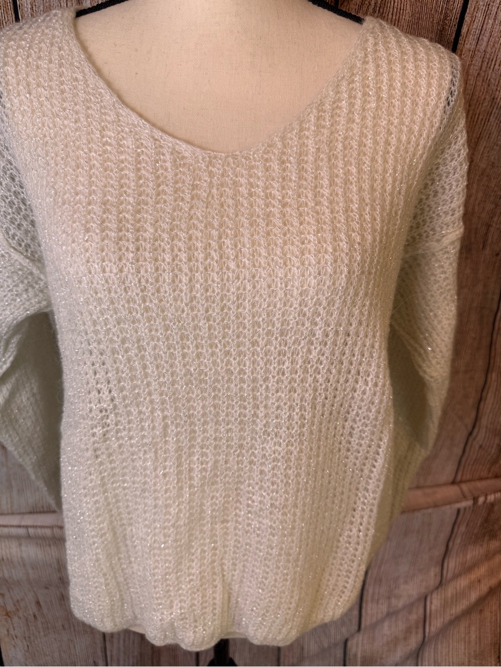 Soft Scoop-Neck Sparkle Sweater in Cream very soft.